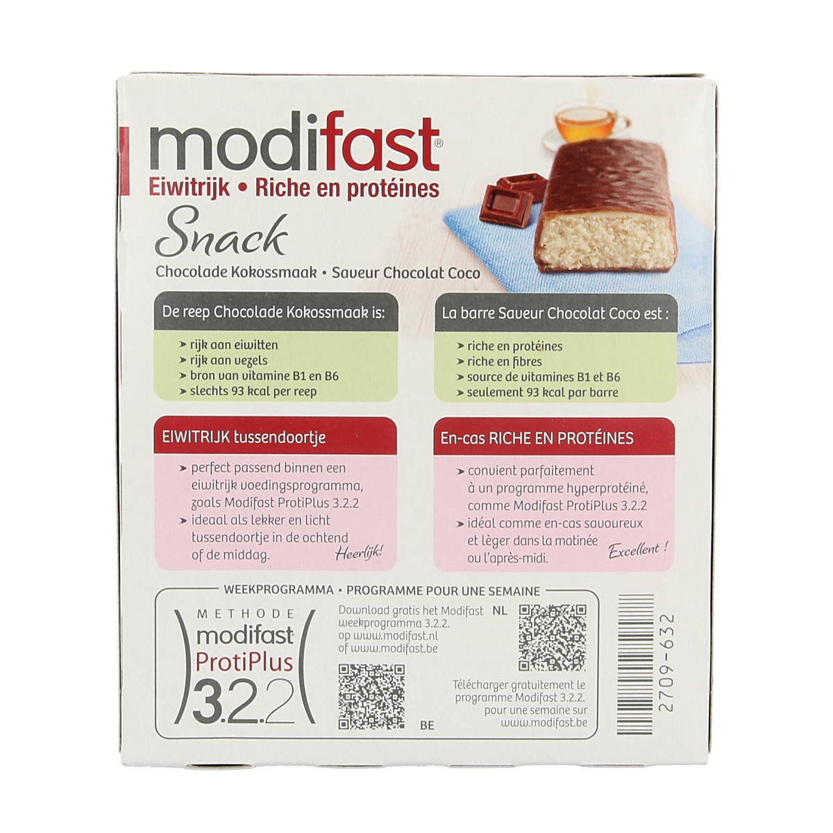 Modifast Proteine Shape Bar Coco, 162g, protein meal replacement bar with coconut flavor, in a sleek packaging.