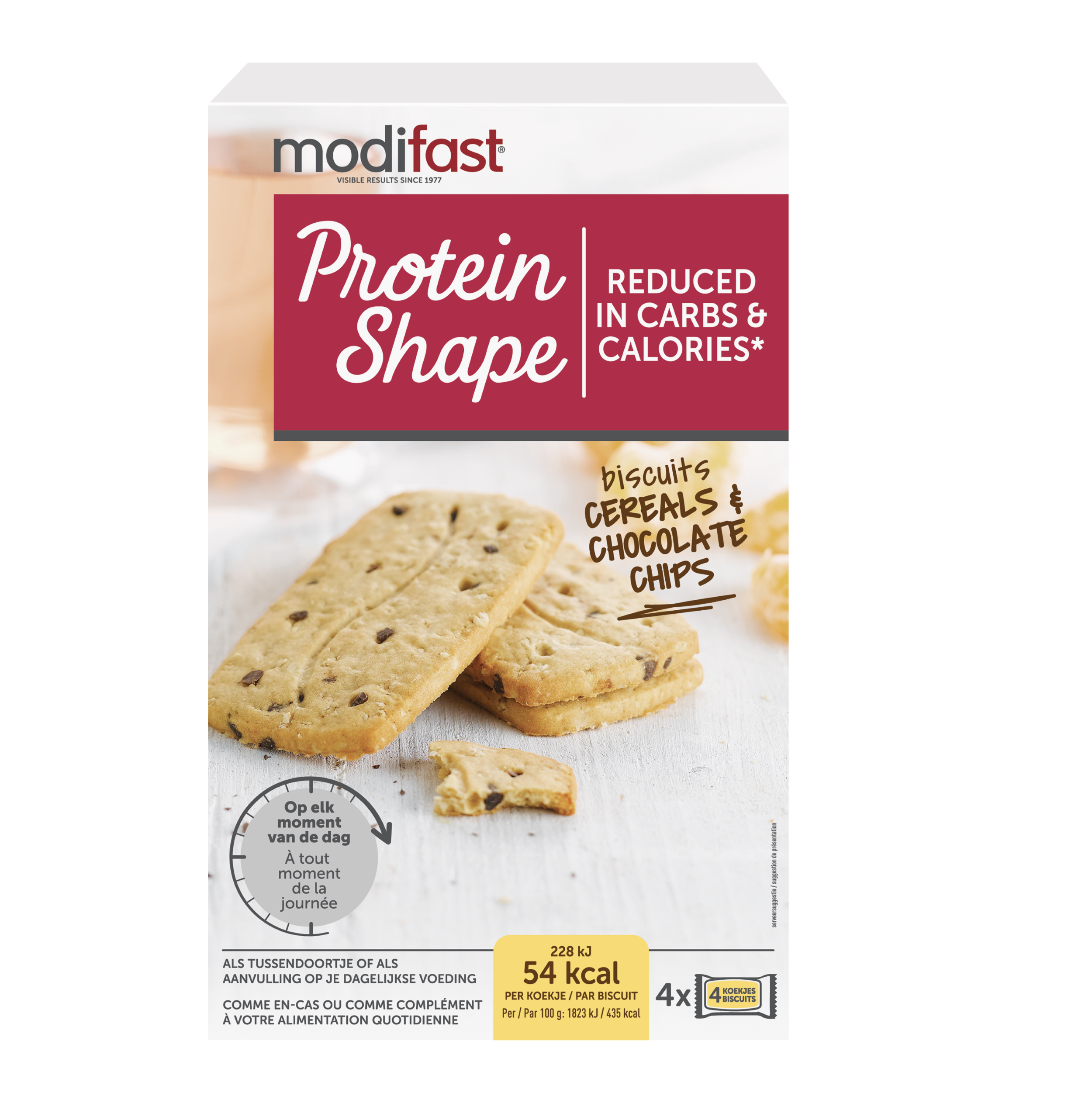 Modifast Proteine Shape biscuits with cereals and chocolate chips, 200g, showing crunchy biscuits with chocolate chunks.