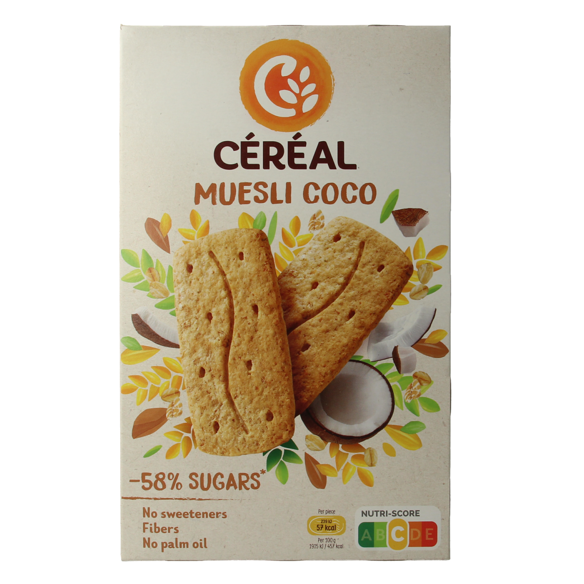 Cereal brand cereal koeken with muesli and coconut, 200g, crispy breakfast cookies on a white background.