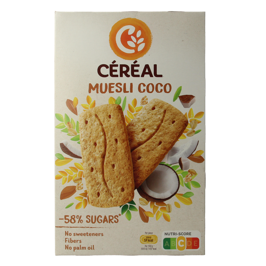 Cereal brand cereal koeken with muesli and coconut, 200g, crispy breakfast cookies on a white background.