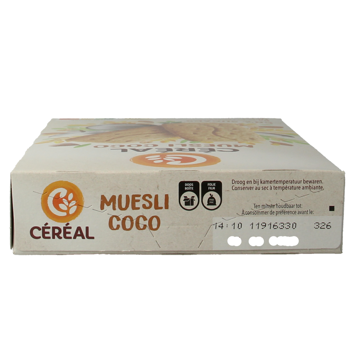 Cereal brand cereal koekjes muesli and coconut cookies on a plate, 200g packaging, with crispy texture and muesli ingredients.