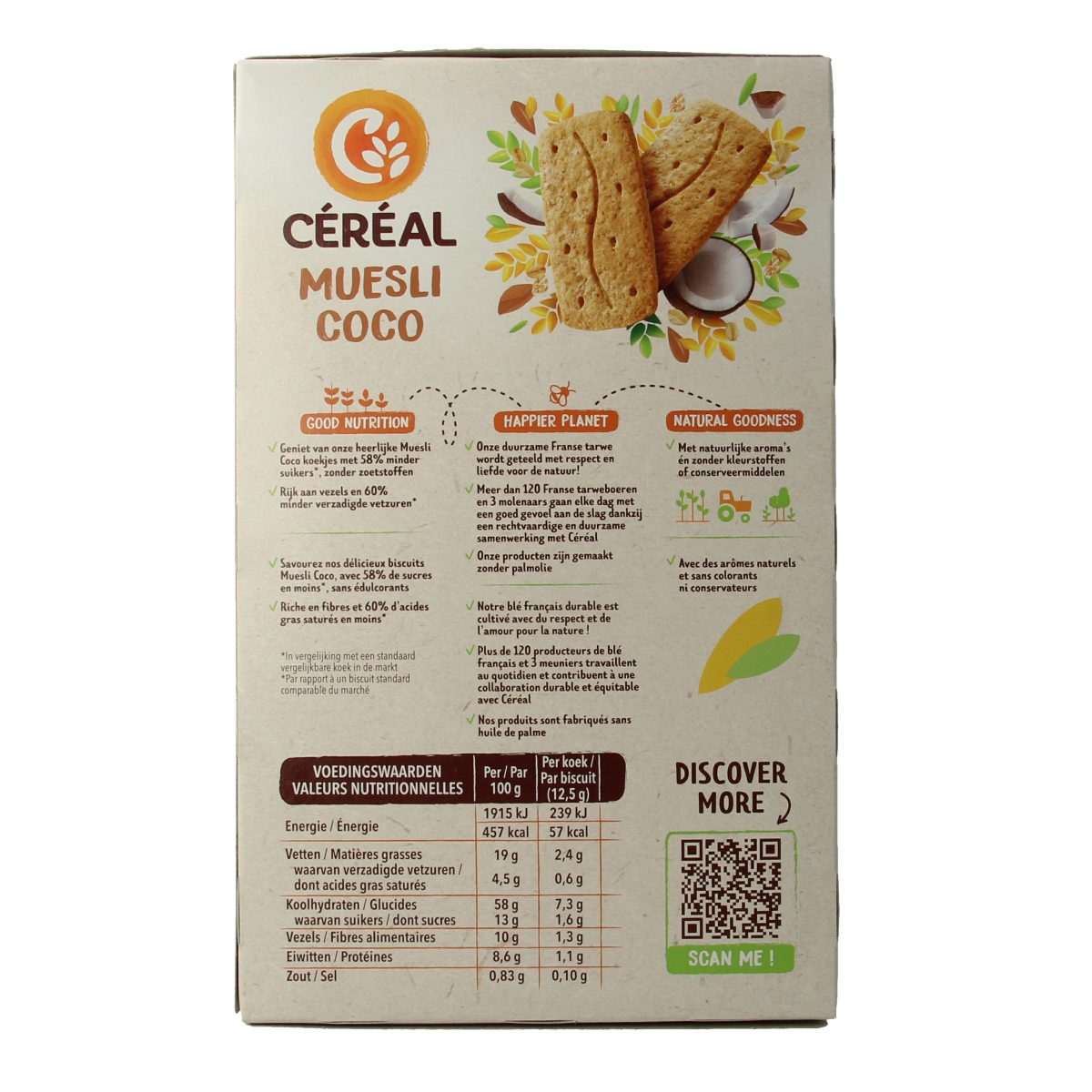 Cereal brand cereal cookies with muesli and coconut in a 200g package, shown in the image.