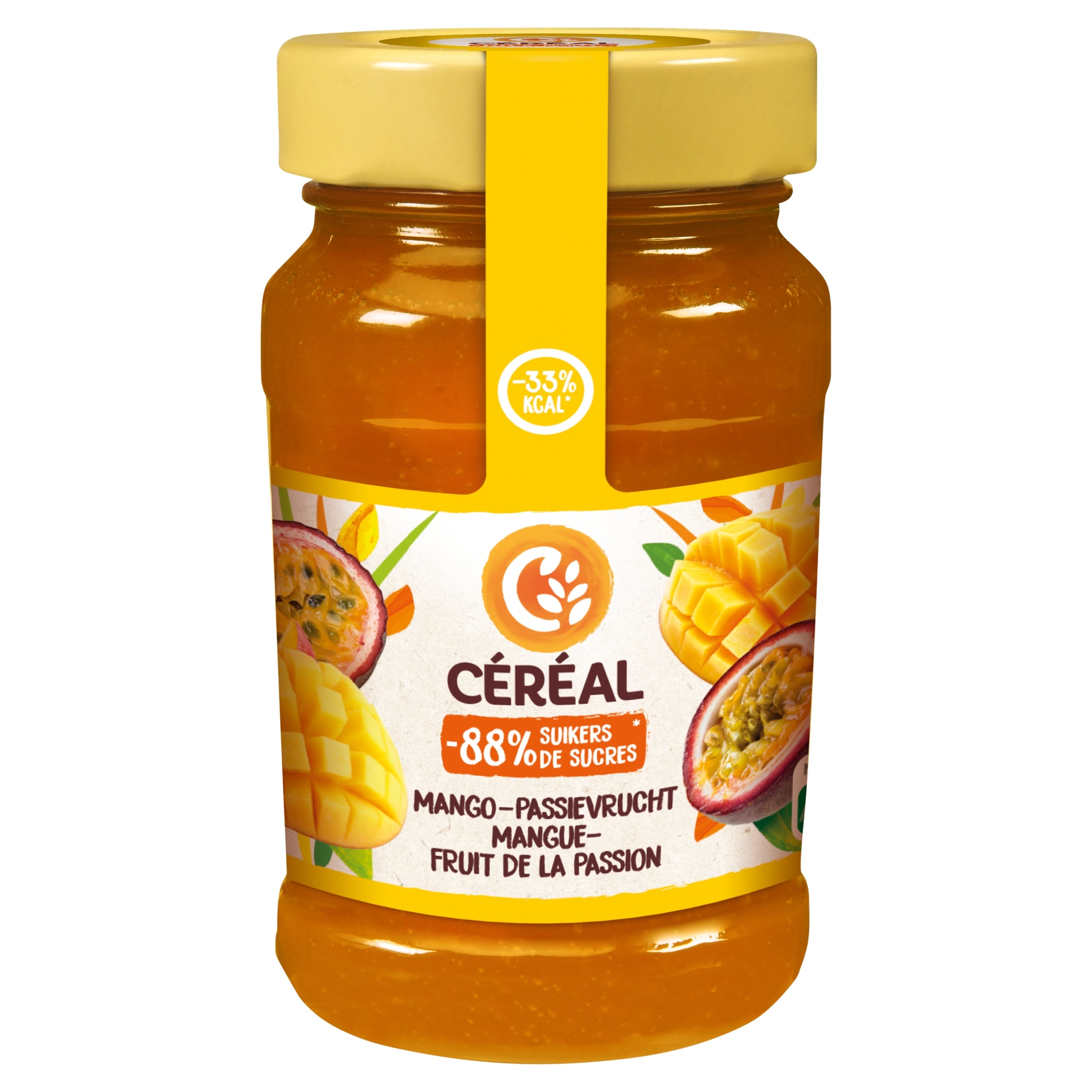 Cereal Fruit mango passievrucht sugar-free spread on bread in a jar, 270 grams, with mango and passion fruit pieces visible.