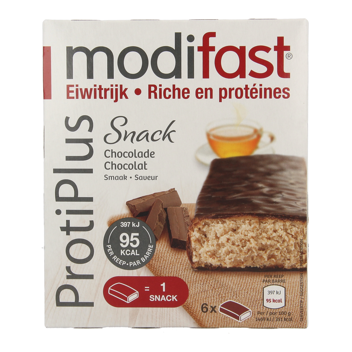 Modifast Proteine Shape Bar in chocolate flavor, 162 grams, showing a close-up of the chocolate protein bar with packaging.