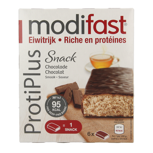 Modifast Proteine Shape Bar in chocolate flavor, 162 grams, showing a close-up of the chocolate protein bar with packaging.