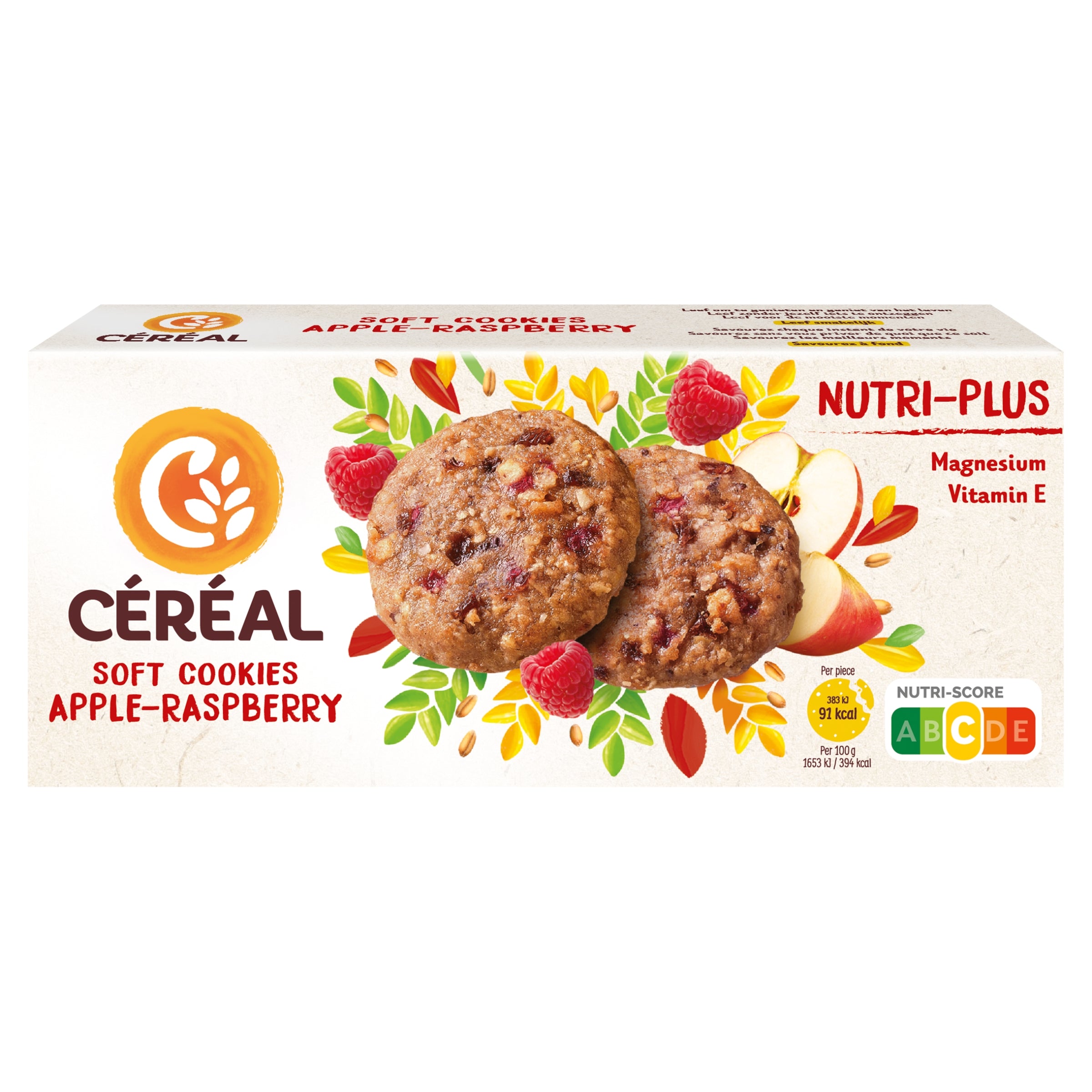 Cereal Nutri-Plus soft apple and raspberry cookies in a 138g package, showing the colorful cookies with fruit flavors.