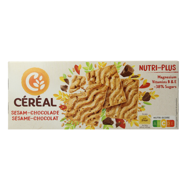 Cereal Sesame Chocolate Cookies 200g, crispy koeken with sesame seeds and chocolate pieces, packaged in a clear wrapper.
