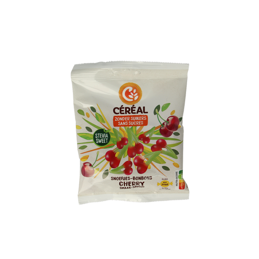 Cereal Snoep kersen stevia candy in a 120g package, showcasing bright red cherry-flavored chewy sweets from Cereal brand.