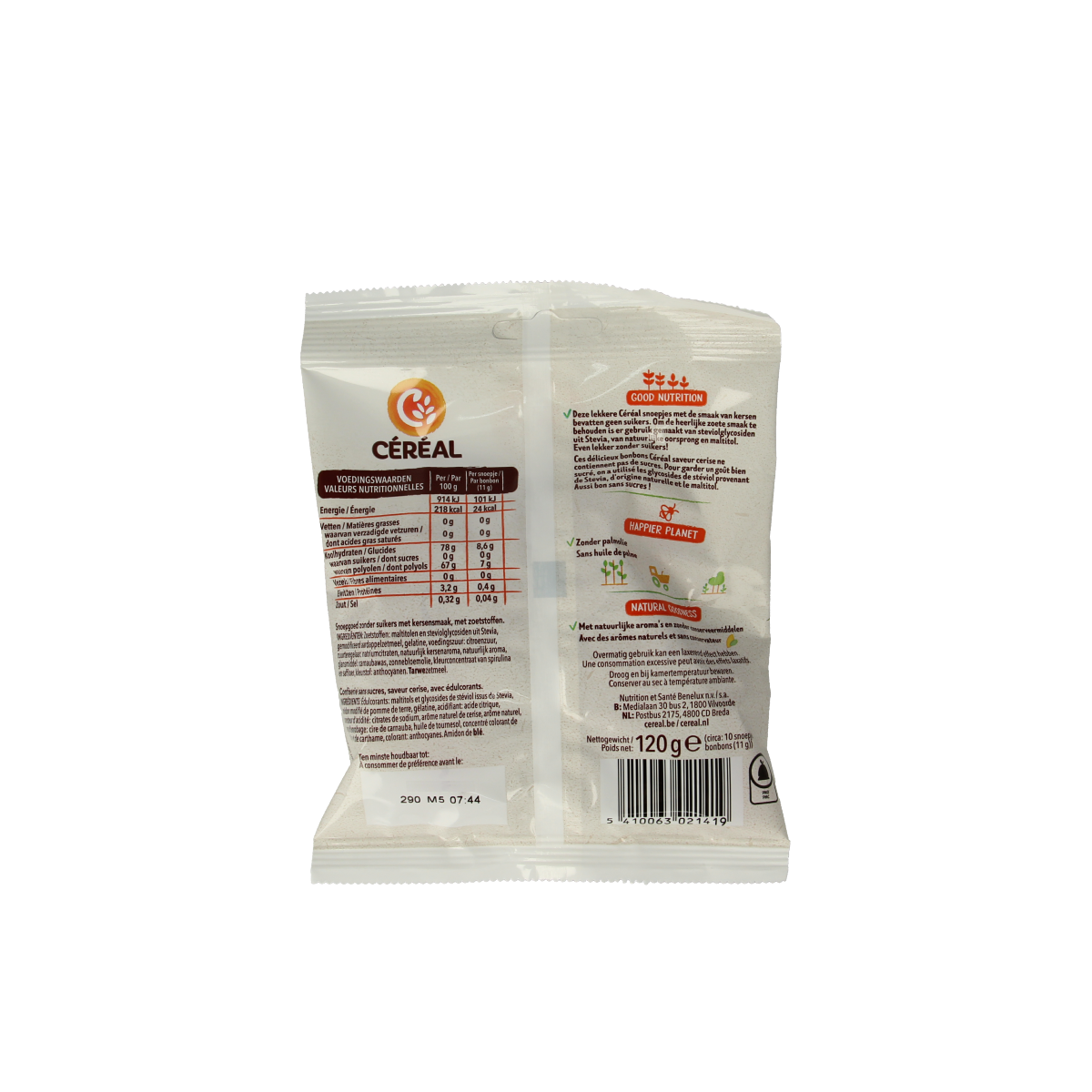 Cereal Snoep kersen Stevia candy in 120g package, colorful cherry-flavored chewy candy from Cereal brand.