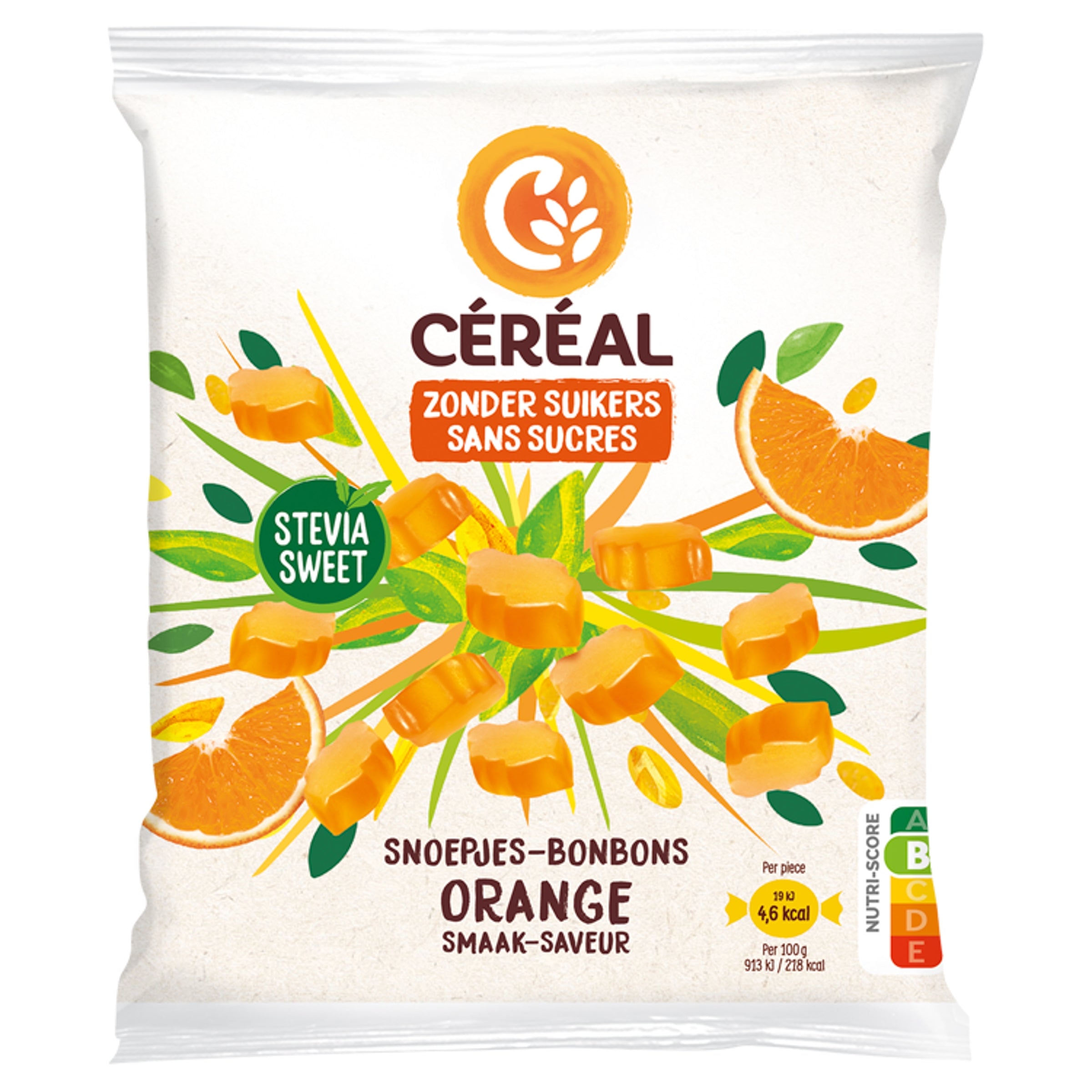 Cereal Snoep orange stevia candy in a 120g package, colorful snoepgoed with bright orange flavor and natural stevia sweetness.
