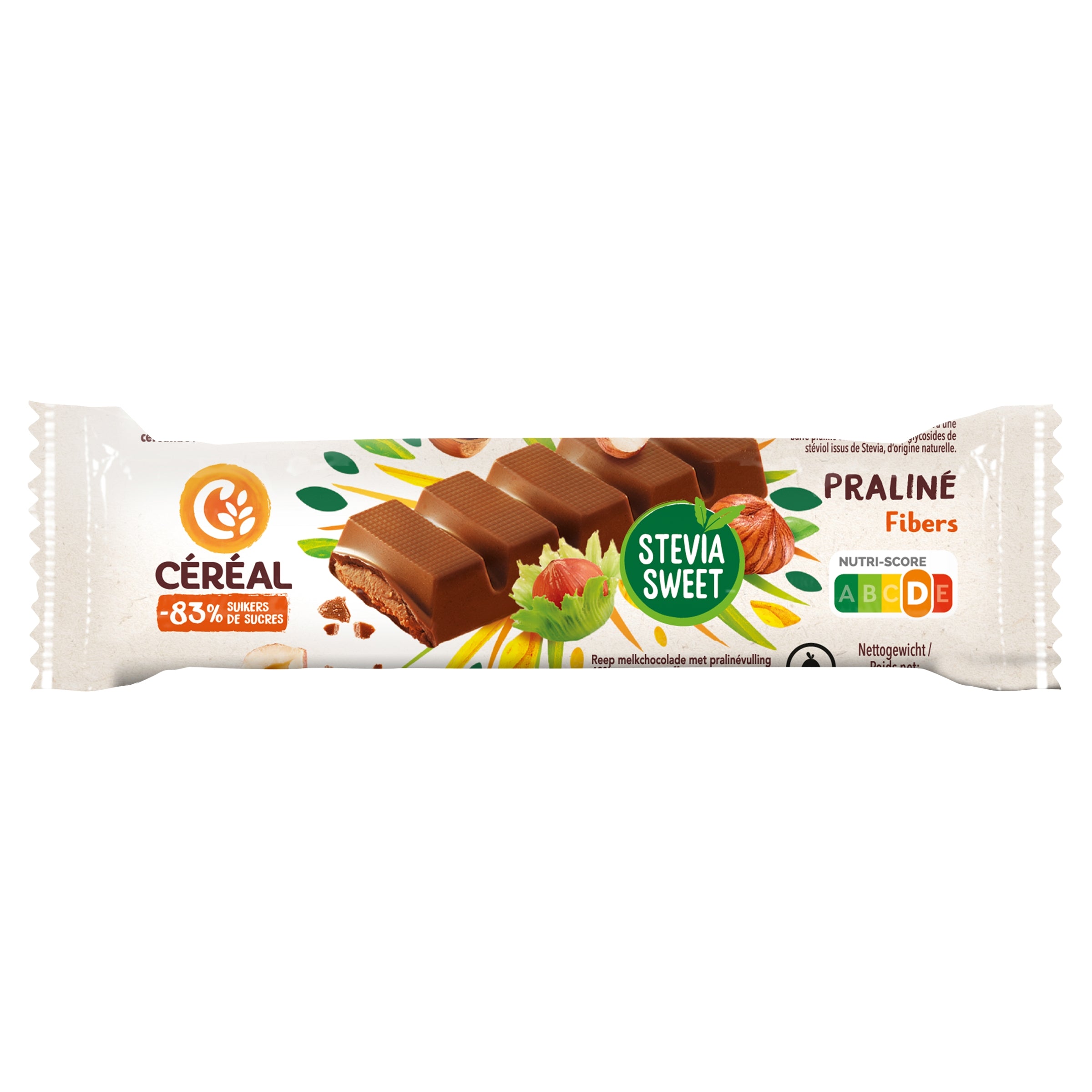 Cereal chocolate praline snack bar with stevia, 42 grams, featuring a chocolate coating and praline filling.
