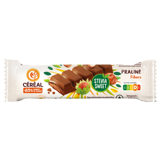 Cereal chocolate praline snack bar with stevia, 42 grams, featuring a chocolate coating and praline filling.