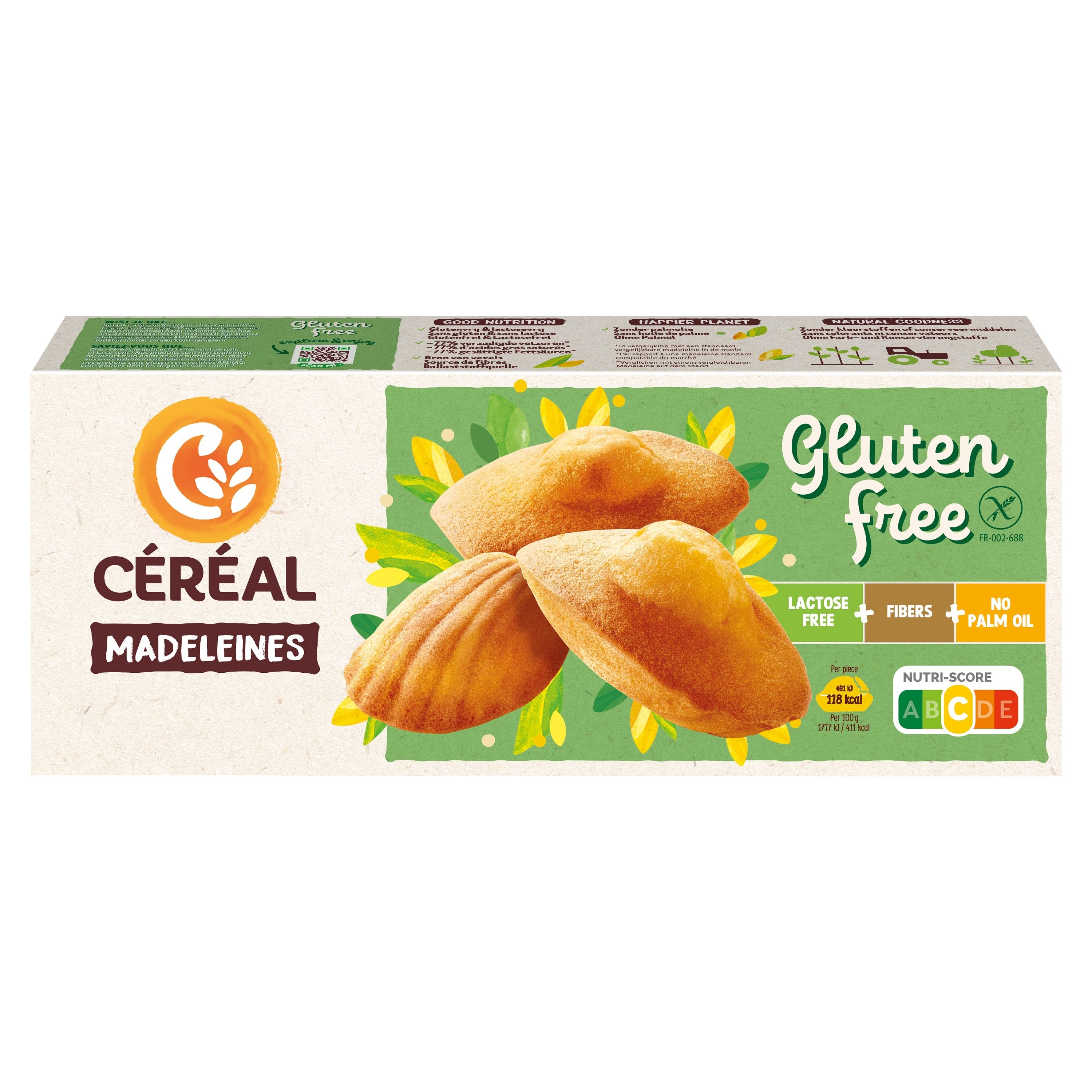 Gluten-free cereal Madeleine cookies from Cereal brand, 180 grams, showing golden-brown baked koeken on a plate.