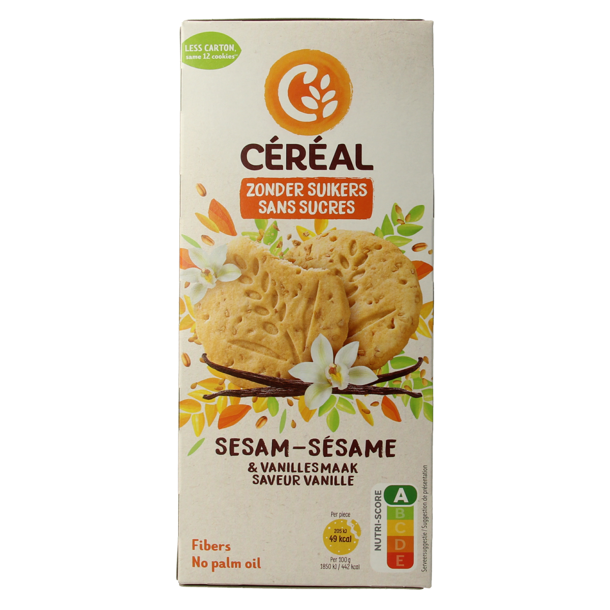 Cereal Sesam Vanille Koek, 132g, showing golden sesame seed cookies with vanilla flavor on a white background.