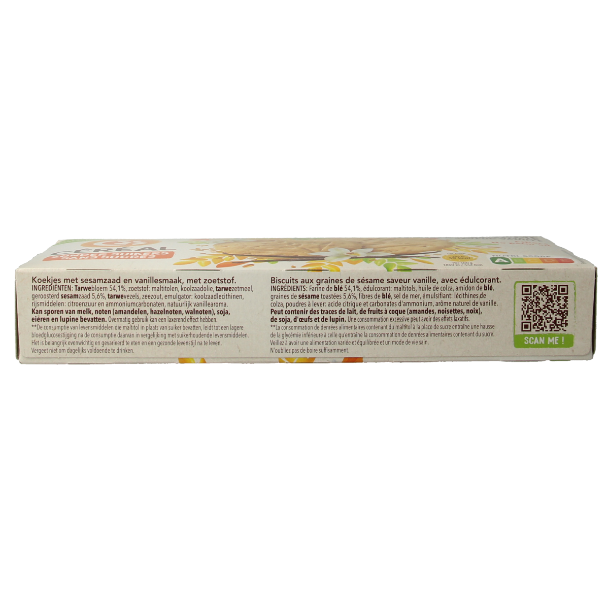 Cereal Sesam vanille koek, 132g, showing a golden-brown vanilla-flavored sesame cookie from the side.