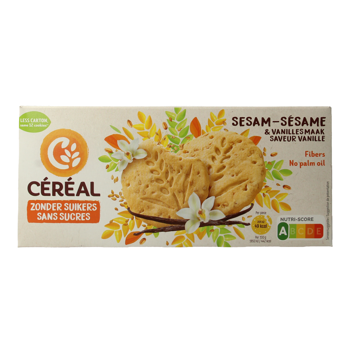 Cereal Sesam Vanille Koeken, 132g, close-up of vanilla-flavored sesame cookies from the Cereal brand.