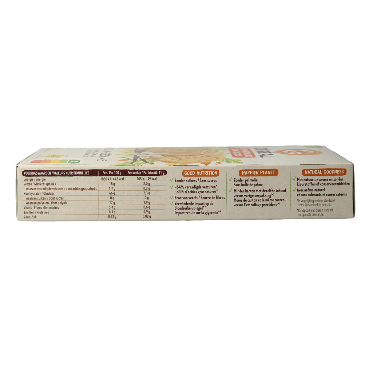 Cereal Sesam Vanille Koeken, 132g, featuring sesame seeds and vanilla flavor in a crispy cookie.