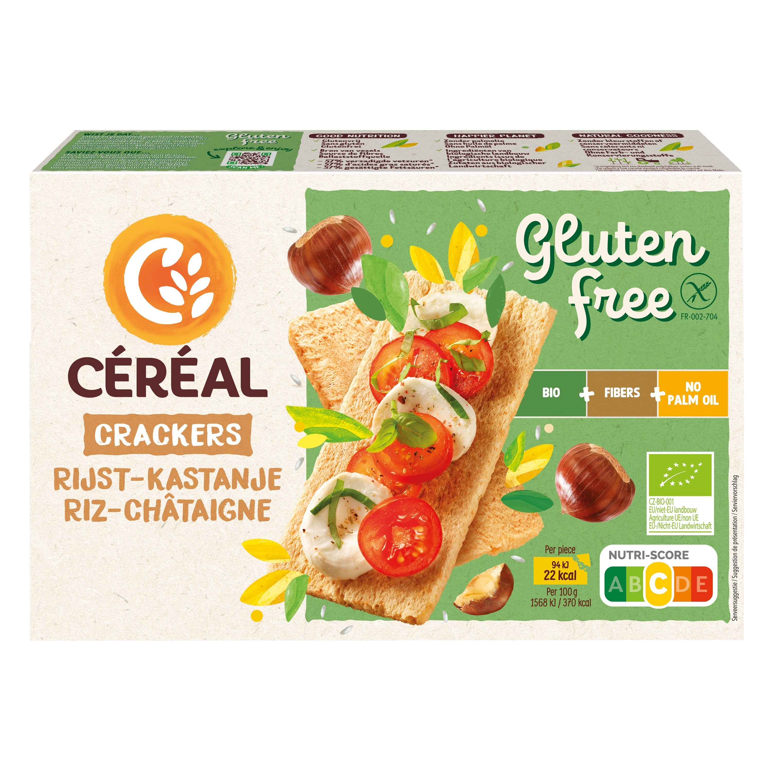 Organic Cereal Cracker rijst kastanje bread, 250g, with crispy rice and chestnut flavor, in a natural cracker form.