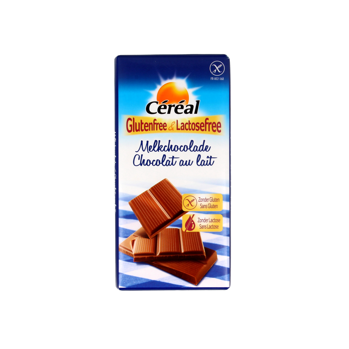 Gluten-free Cereal Melkchocolade chocolate bar by Cereal, 100g, showing smooth milk chocolate surface with chocolate pieces.