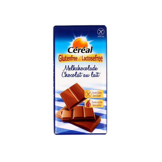 Gluten-free Cereal Melkchocolade chocolate bar by Cereal, 100g, showing smooth milk chocolate surface with chocolate pieces.