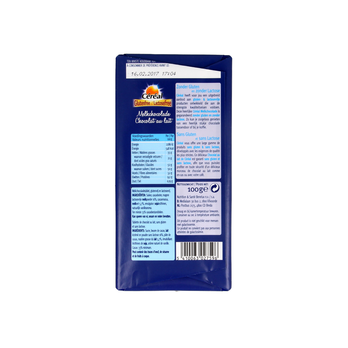 Gluten-free Cereal Melkchocolade chocolate bar in 100g package, showcasing smooth milk chocolate with cereal pieces.