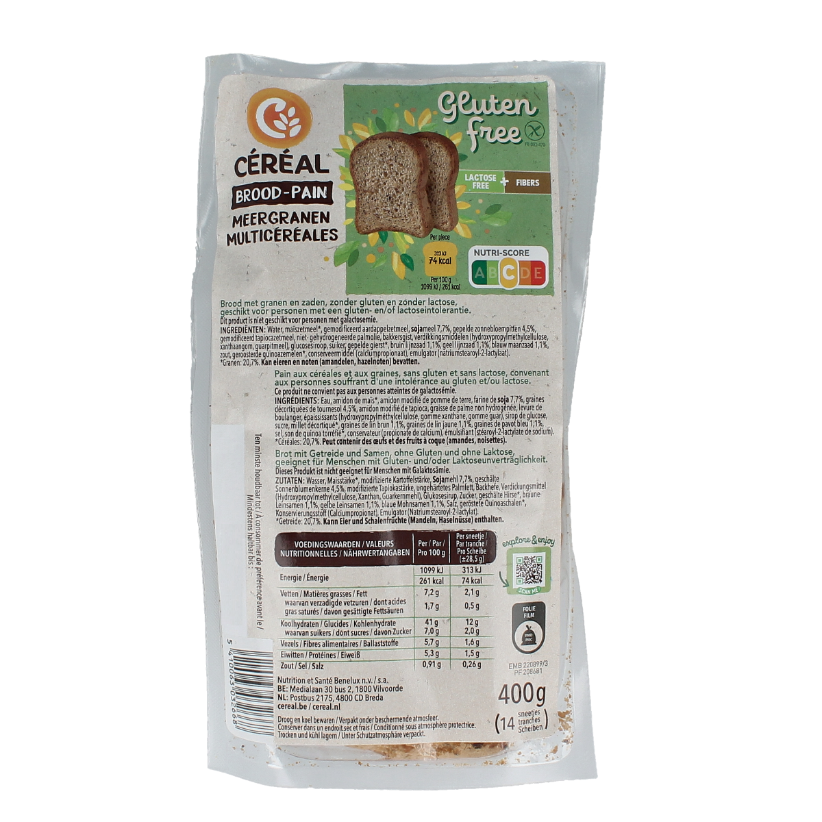 Cereal brand meergranen cereal bread loaf, 400g, sliced with a golden crust and visible grains on top.