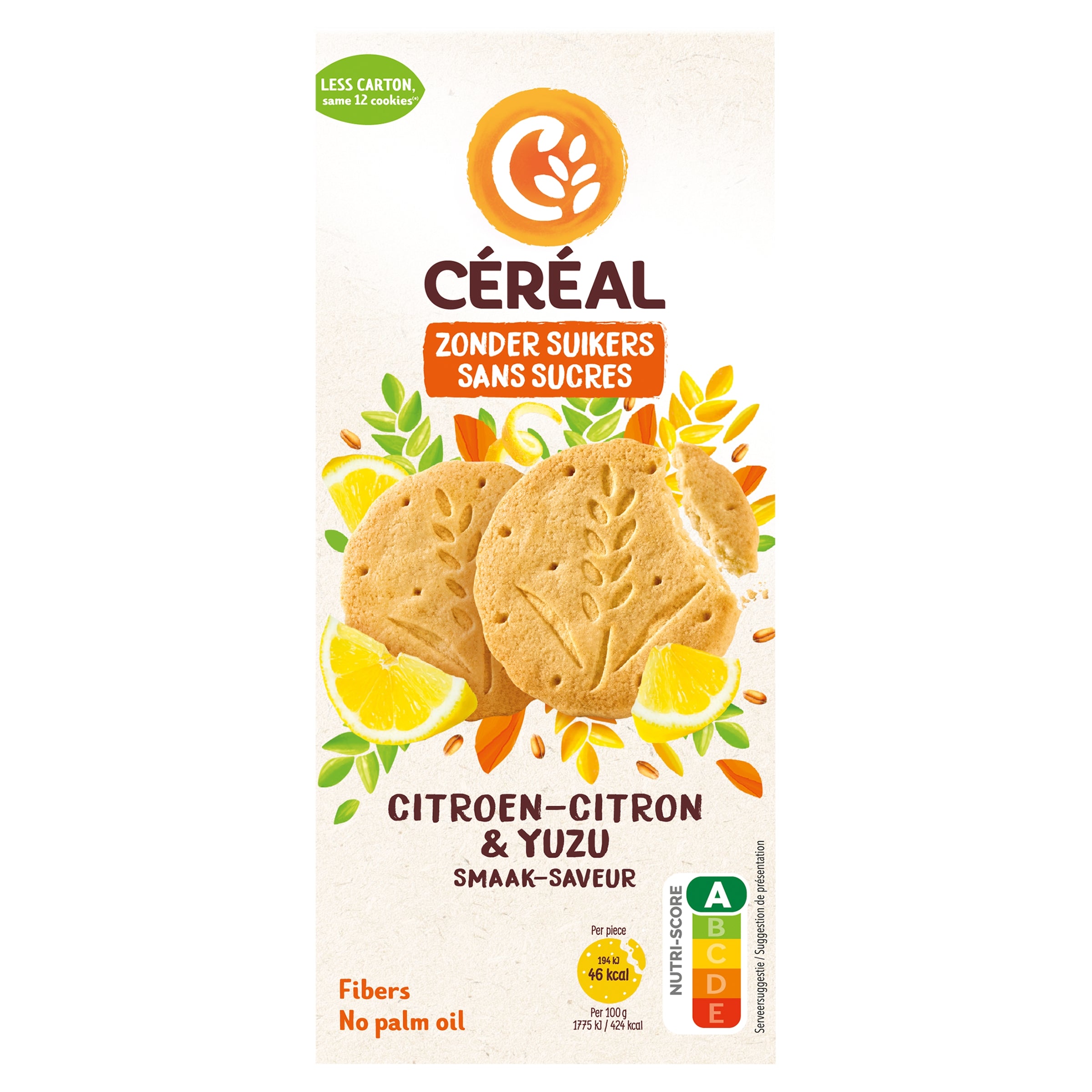 Cereal Koek citroen yuzu flavor, 132g package, featuring lemon and yuzu citrus coated cookies on a plate.