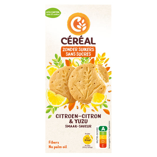 Cereal Koek citroen yuzu flavor, 132g package, featuring lemon and yuzu citrus coated cookies on a plate.