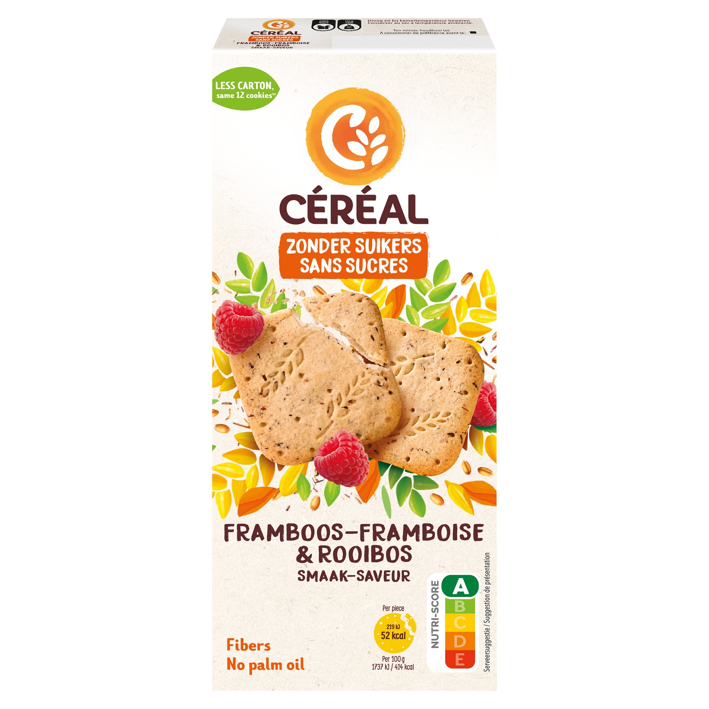 Cereal Koekjes framboos rooibos zonder suikers, 150g, showing raspberry and rooibos flavored cookies on a plate.