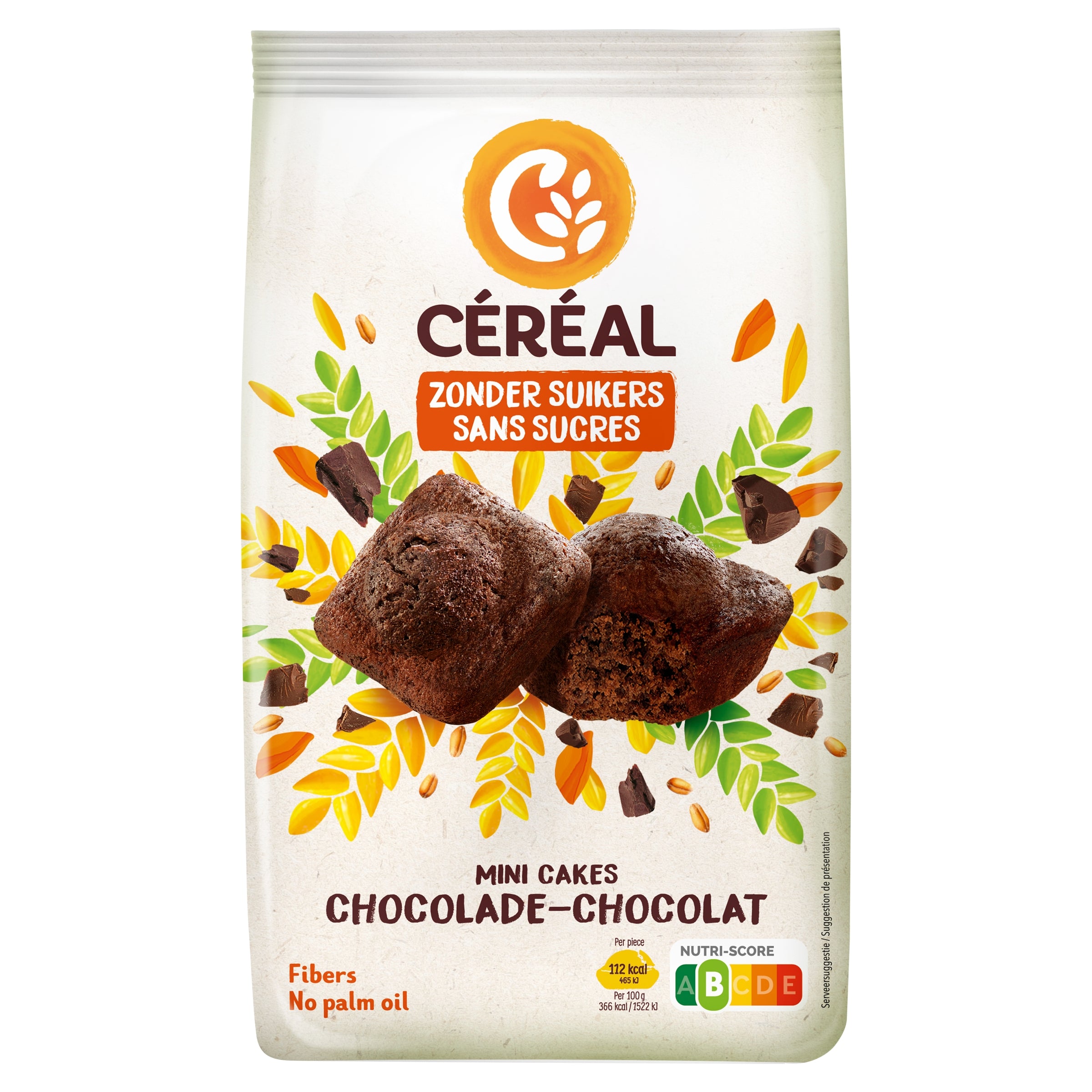 Cereal brand mini chocolate cakes without sugar, 196 grams, featuring small, round chocolate cookies on a plate.