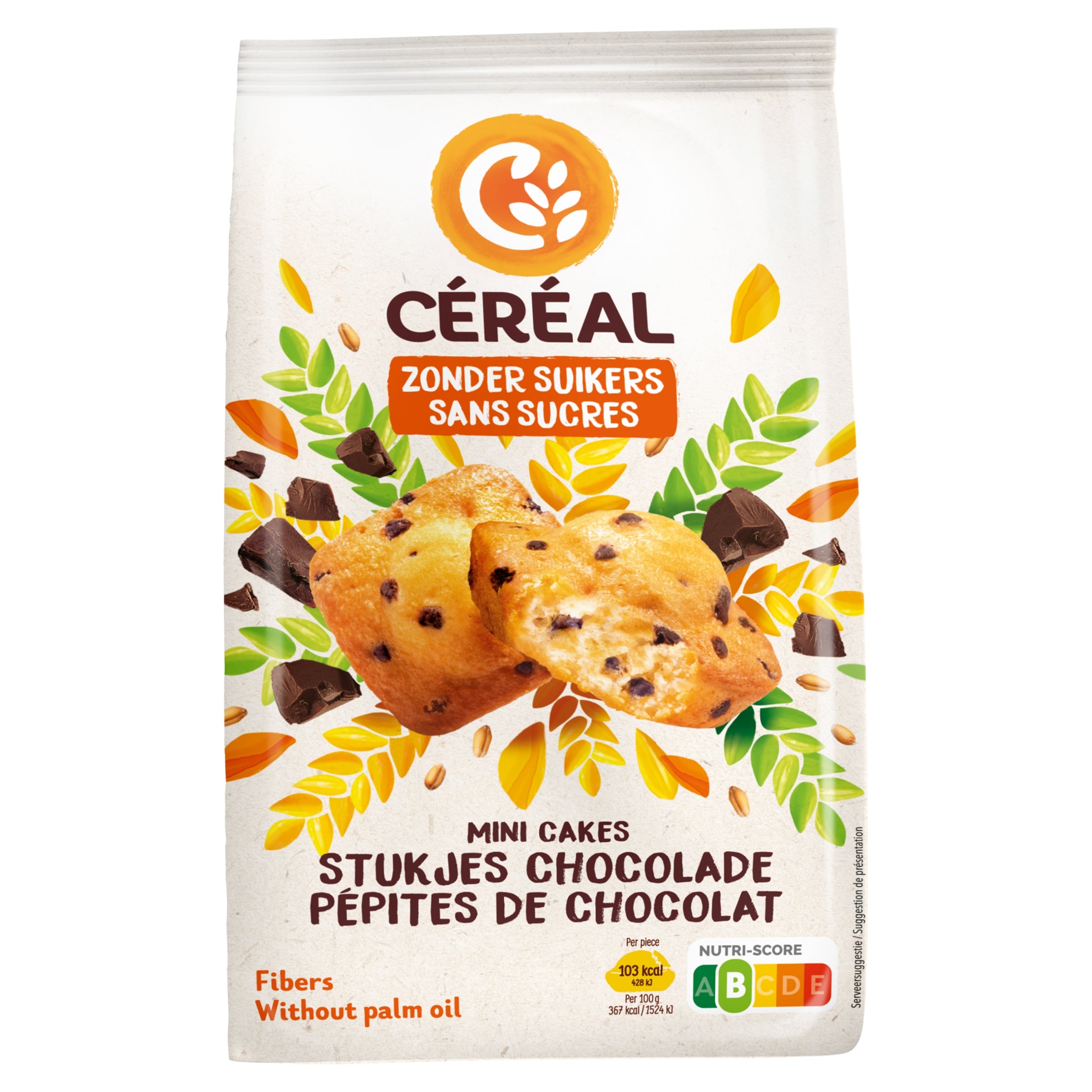 Cereal mini chocolate chunk cereal cakes in a 196g package, featuring bite-sized koeken with chocolate pieces.