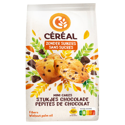 Cereal mini chocolate chunk cereal cakes in a 196g package, featuring bite-sized koeken with chocolate pieces.