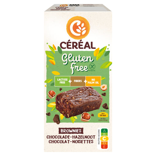 Gluten- and lactose-free Cereal Brownies with chocolate and hazelnuts, 150g, served on a plate with a fork