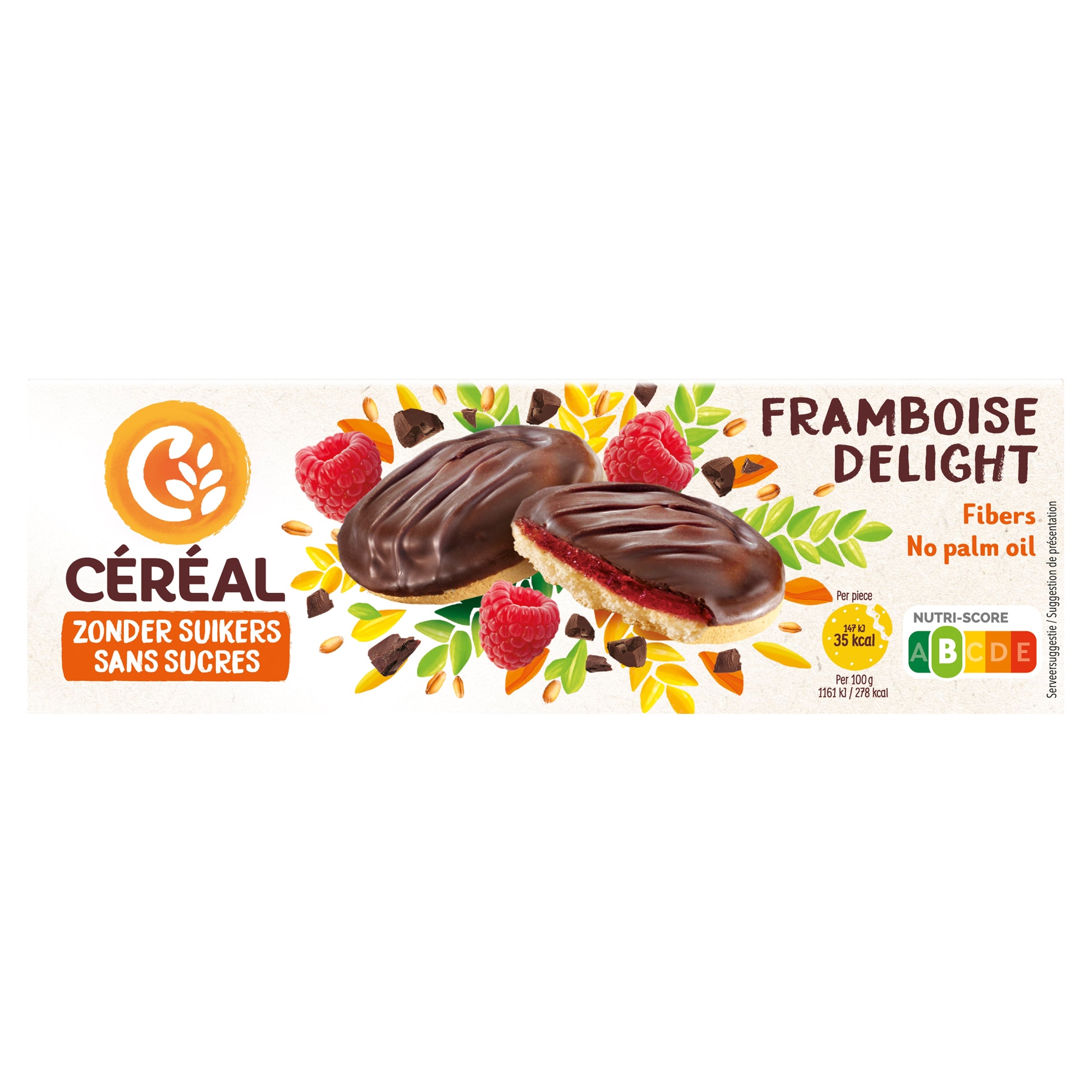 Cereal Framboos Delight Koek, raspberry-flavored cookie from Cereal brand, 140 grams, showing a close-up of the raspberry-filled biscuit