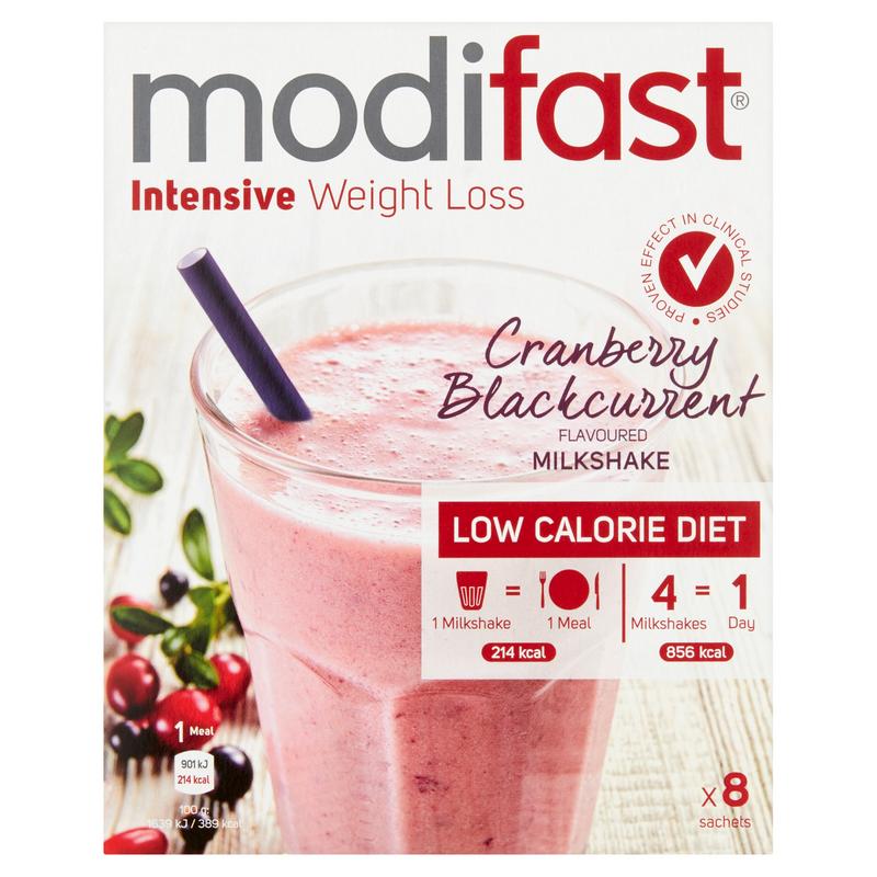 Modifast Intensive cranberry milkshake in 440g pack, a meal replacement product with a cranberry flavor.