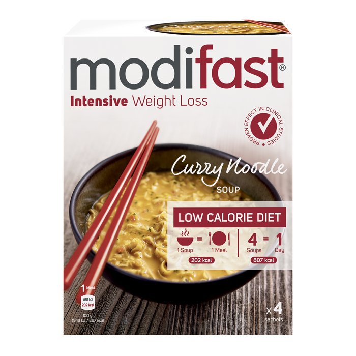 Modifast Intensive soup curry noodle in 220g package, featuring a bowl of savory curry noodle soup with vegetables and noodles.