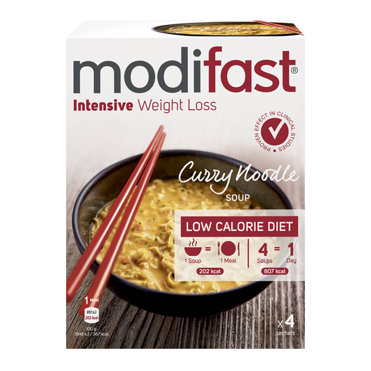 Modifast Intensive soup curry noodle in 220g package, featuring a bowl of savory curry noodle soup with vegetables and noodles.