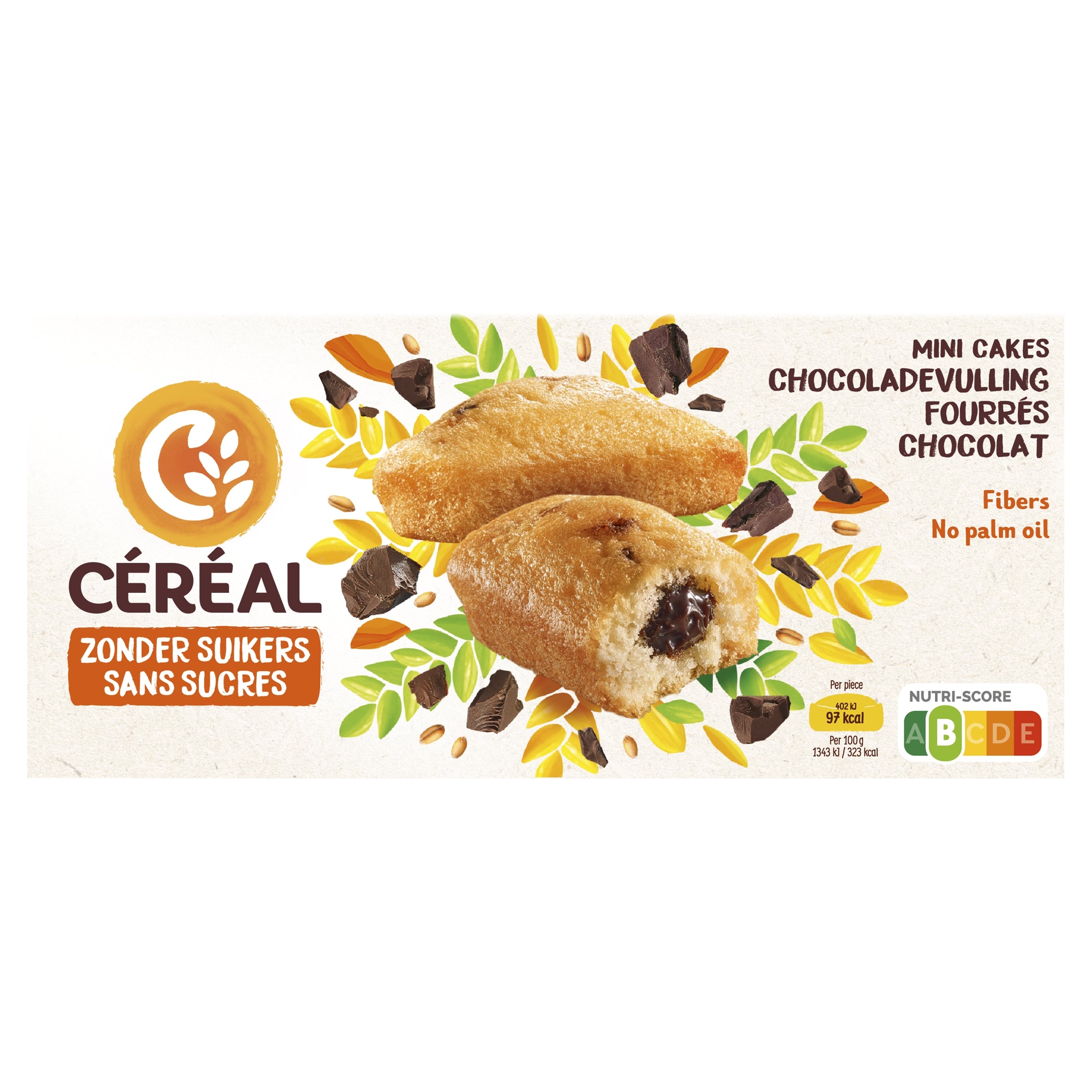 Cereal mini cakes with chocolate filling, sugar-free, 150g, featuring small, round chocolate-filled cookies from the Cereal brand.