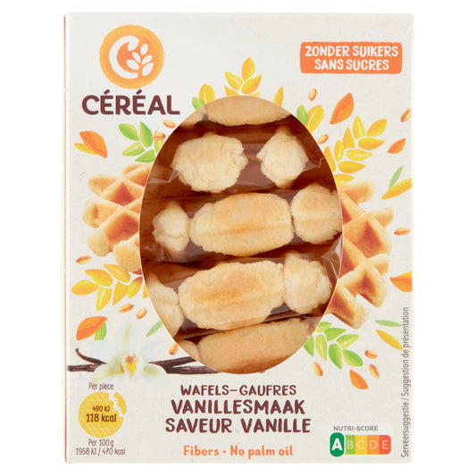 Cereal brand soft vanilla wafers without sugar, 150g, showing golden, crispy vanilla-flavored cookies in a close-up shot.