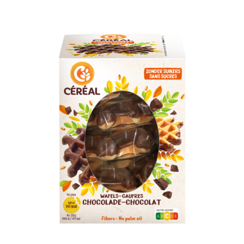 Cereal Chocoladewafels zacht zonder suikers, 150g, showing a package of sweet, sugar-free chocolate waffles.