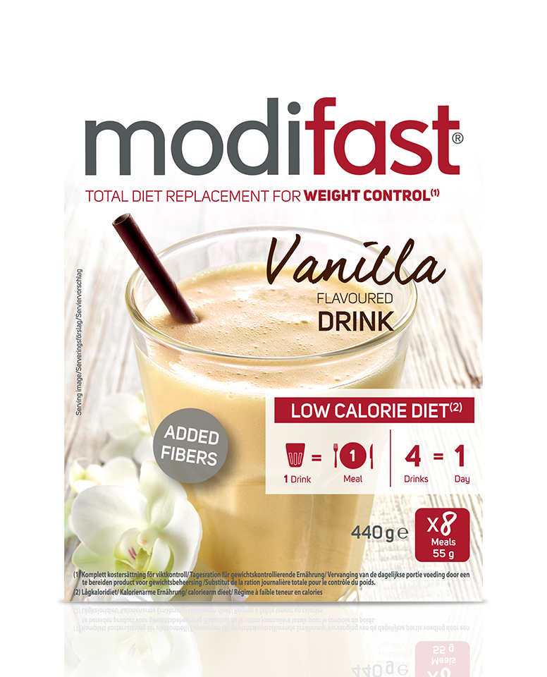 Modifast Intensive vanilla milkshake in 440g container, a meal replacement product with vanilla flavor.
