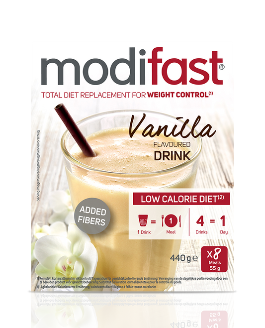 Modifast Intensive vanilla milkshake in 440g container, a meal replacement product with vanilla flavor.