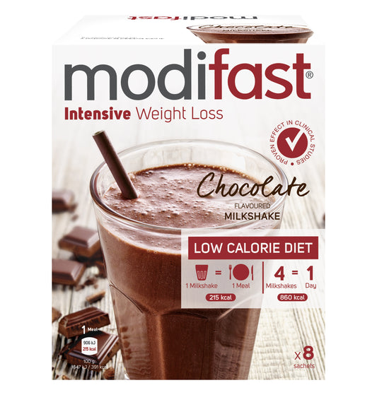 Modifast Intensive chocolate meal replacement milkshake in 440g packaging, featuring a chocolate flavor and nutritional label.