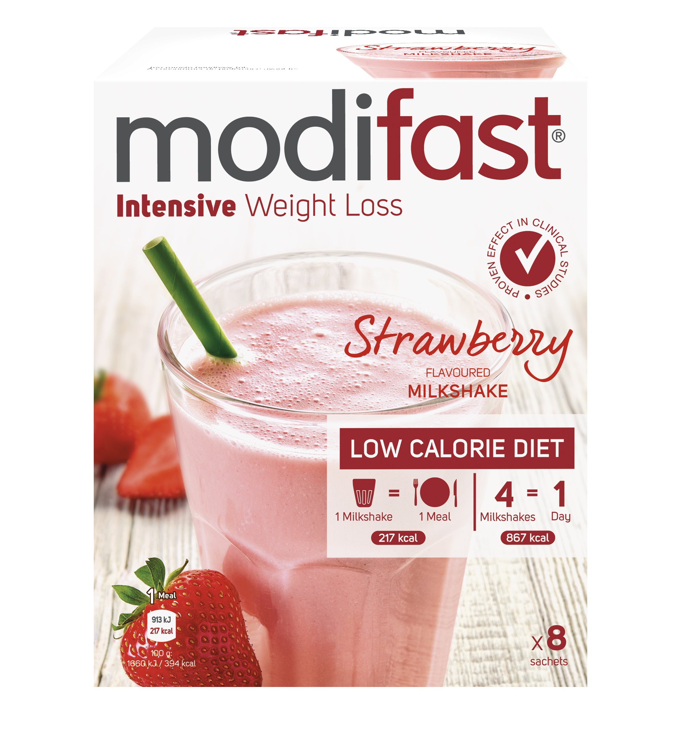 Modifast Intensive strawberry milkshake in 440g container, a meal replacement powder with fresh strawberry flavor.