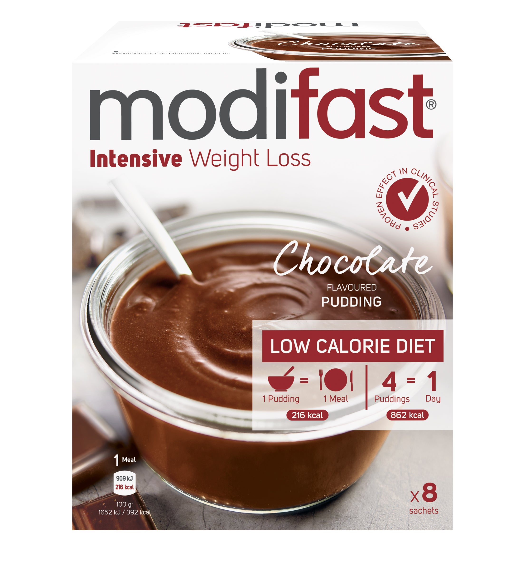 Modifast Intensive chocolate pudding in 440g container, creamy dessert with rich chocolate flavor, perfect for a nutritious treat.