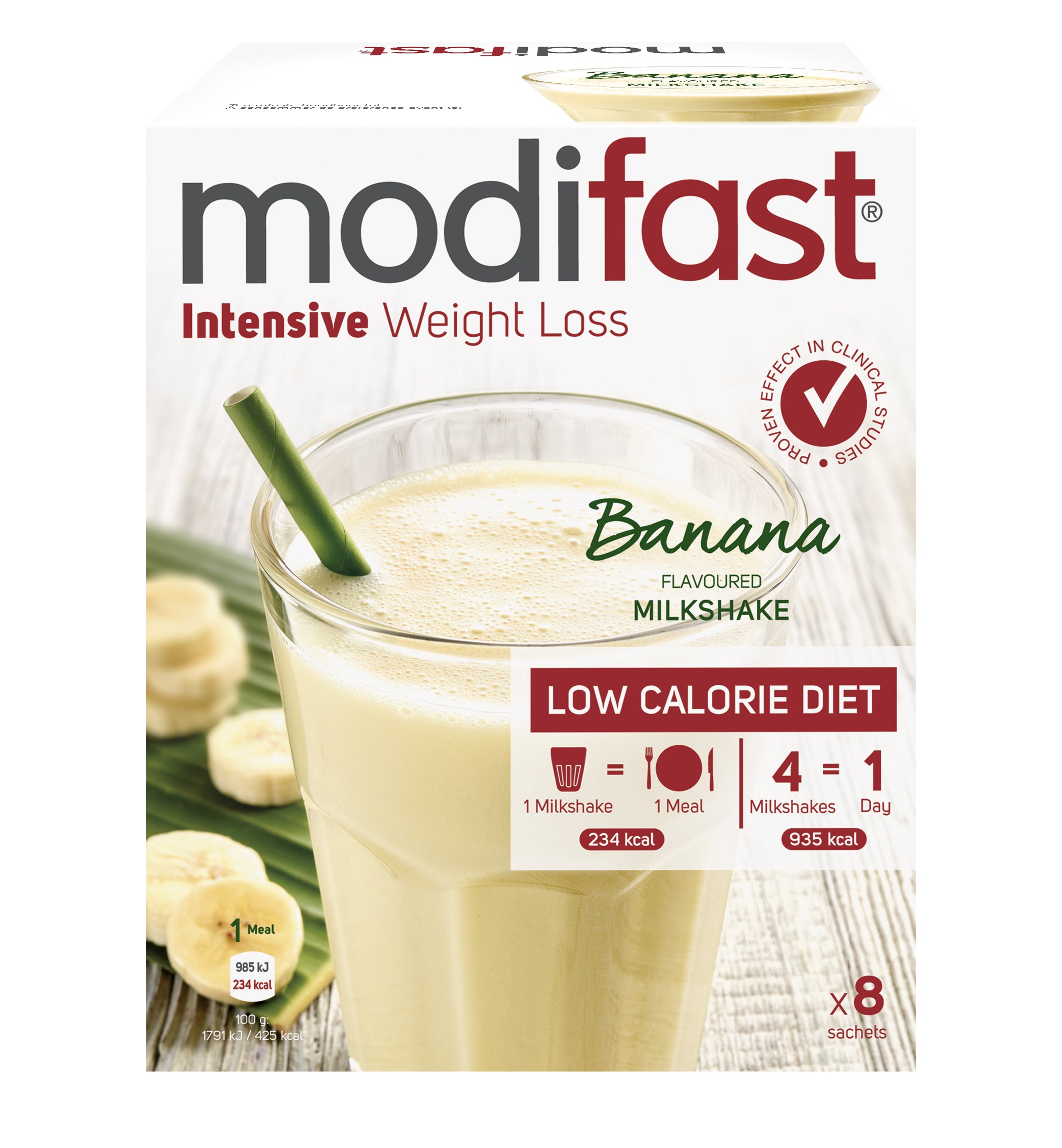 Modifast Intensive banana milkshake meal replacement powder in a 440g bag, with banana flavor and nutritional packaging.