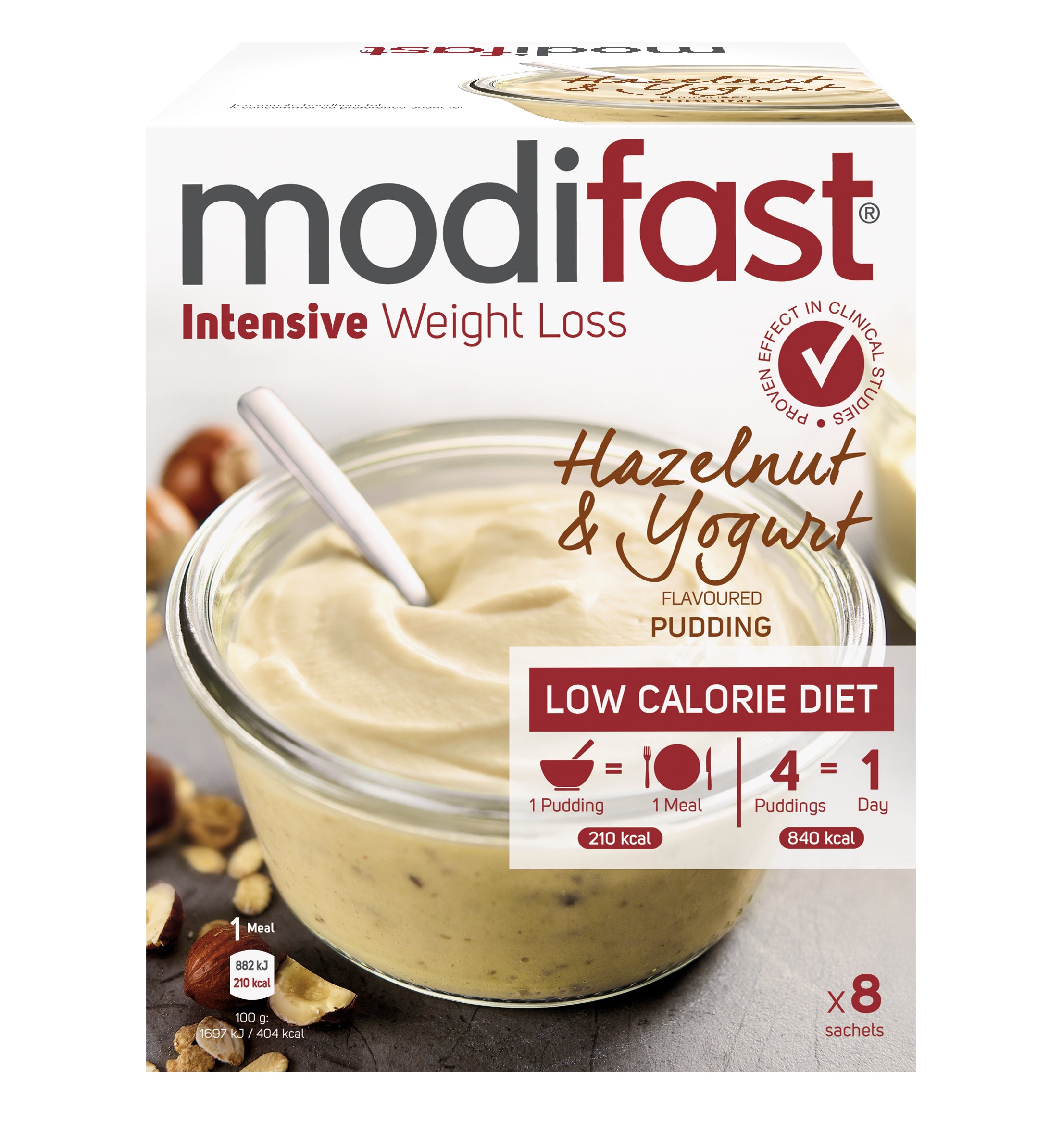 Modifast Intensive hazelnut pudding yogurt in a 440g container, creamy dessert with hazelnut flavor.