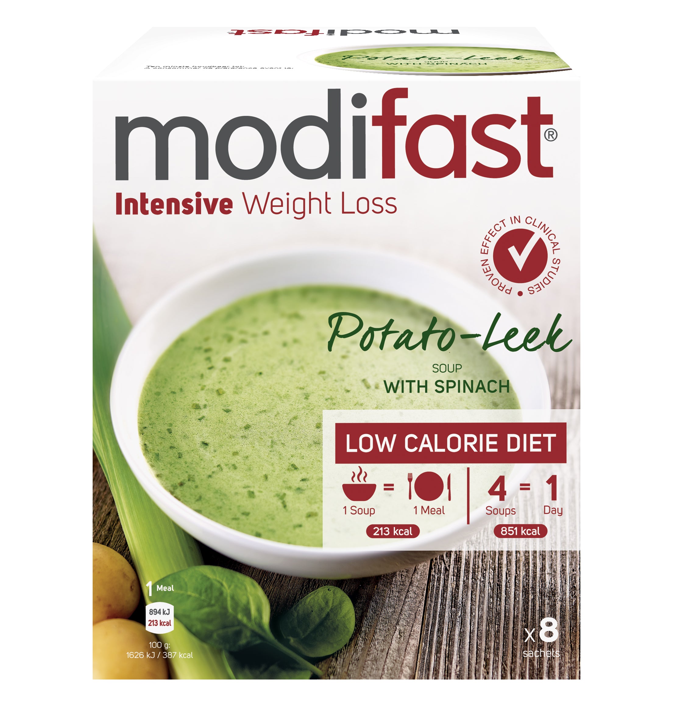 Modifast Intensive potato-leek soup in a 440g container, featuring a creamy, savory leek and potato flavor, ready to serve.