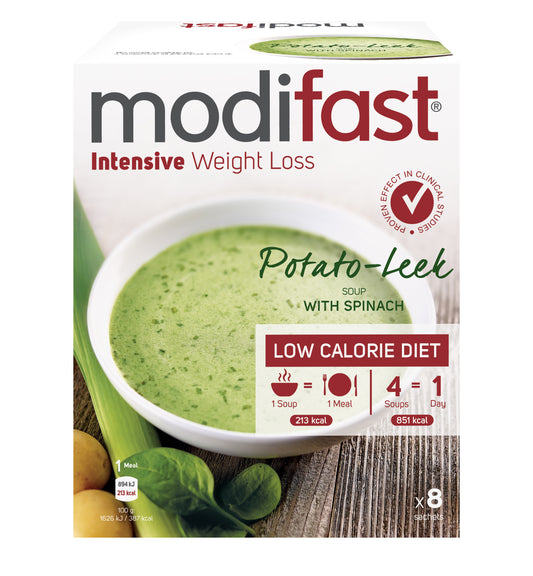 Modifast Intensive potato-leek soup in a 440g container, featuring a creamy, savory leek and potato flavor, ready to serve.