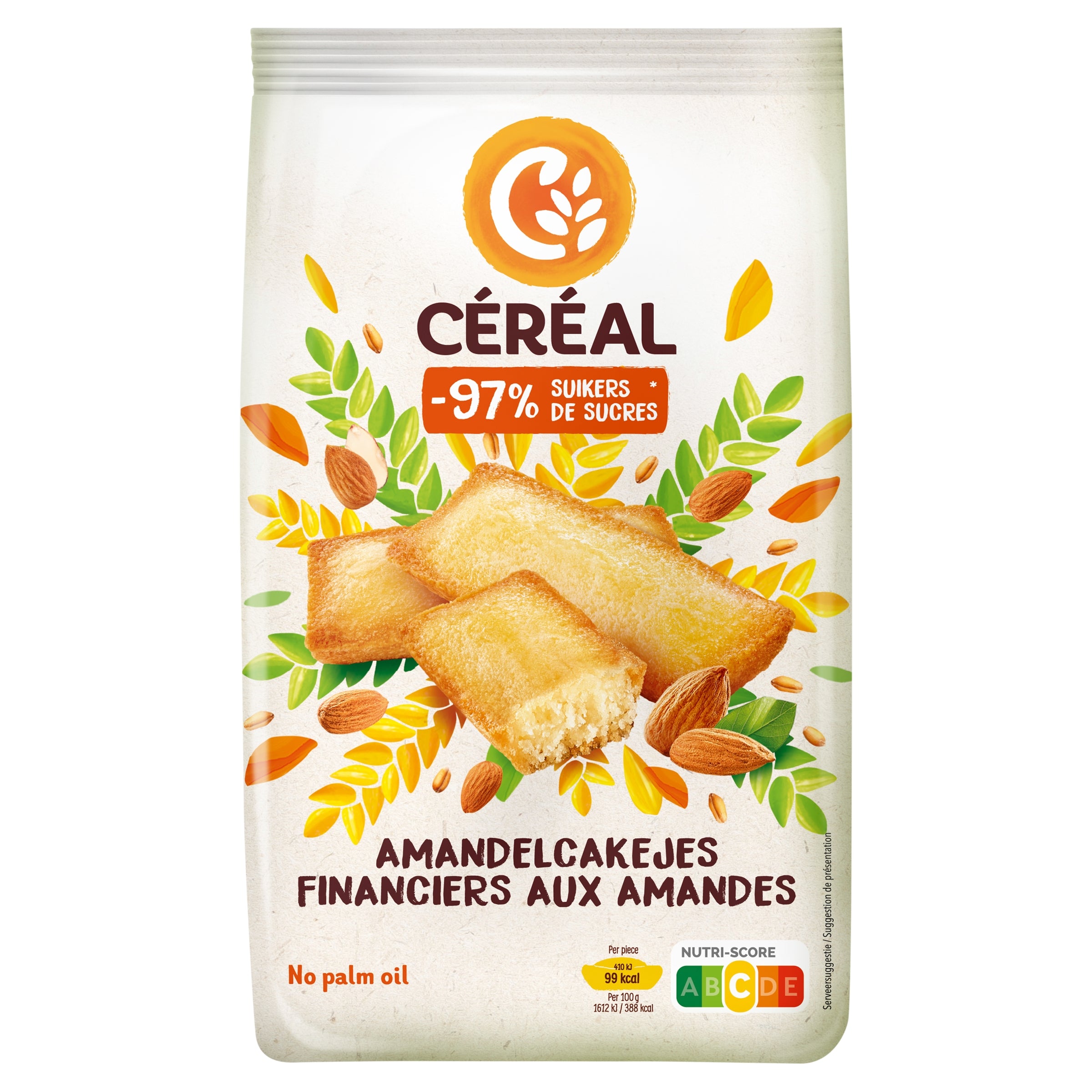 Cereal Amandelcakejes minder suikers koeken, 175g, with almond flavor and crispy texture, shown in a close-up image.